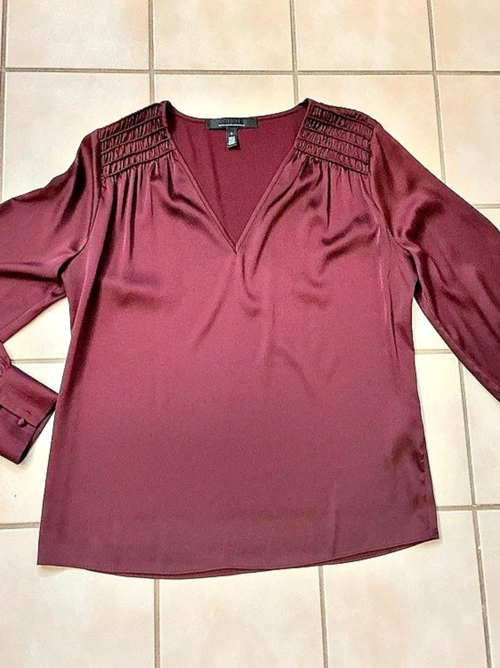 White House Black Market V-Neck Smocked Satin Blouse Top Sz S Burgundy NWOT!